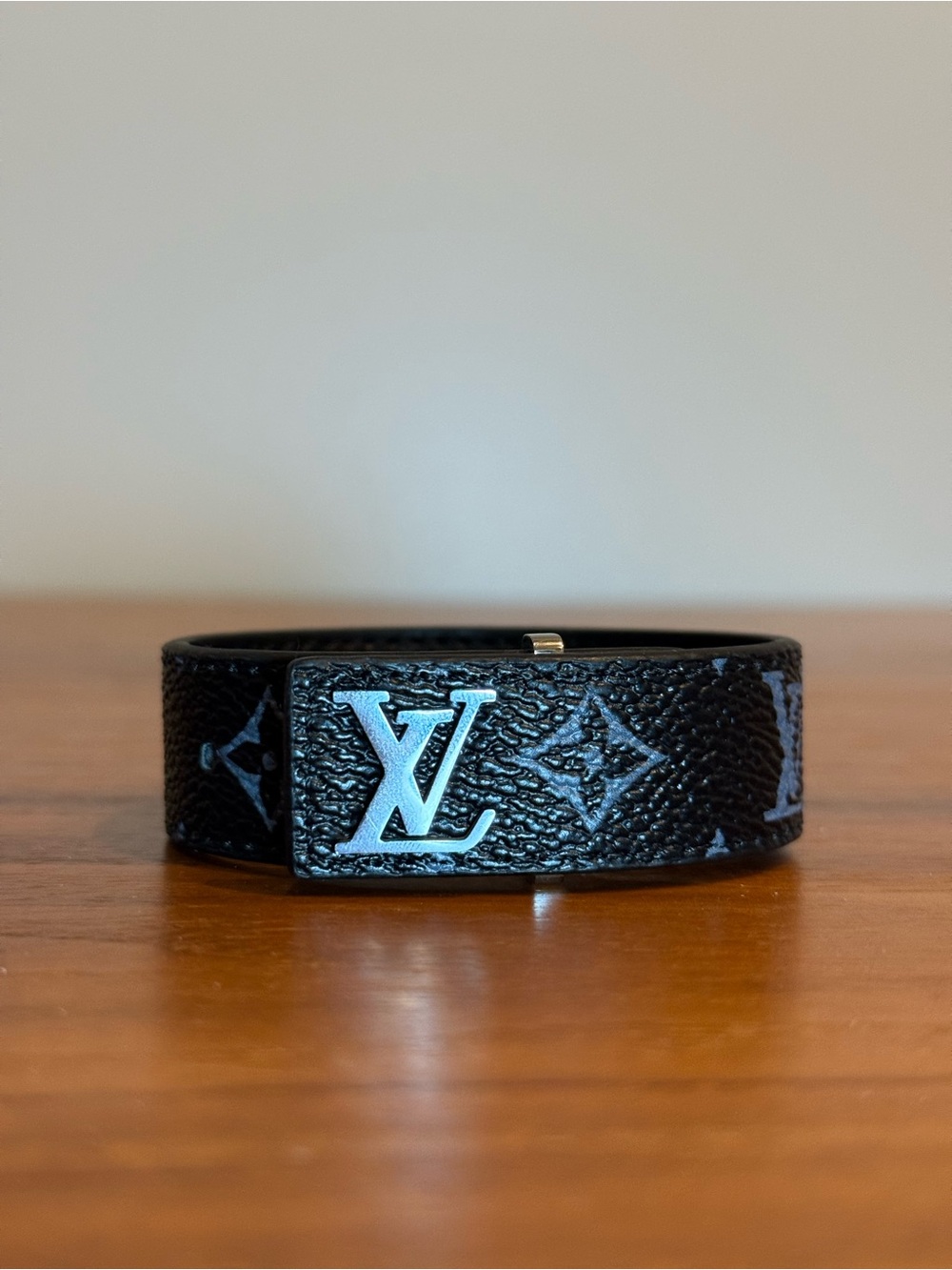 Louis Vuitton Black Monogram Leather Bracelet with Silver LV Plaque